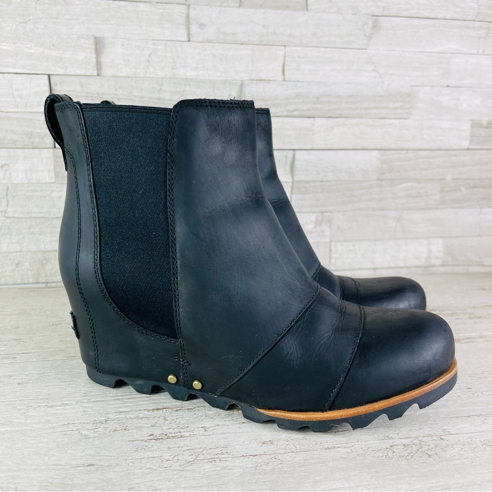 Sorel Lea Waterproof Black Leather Wedge Ankle Boot Bootie Size 8.5